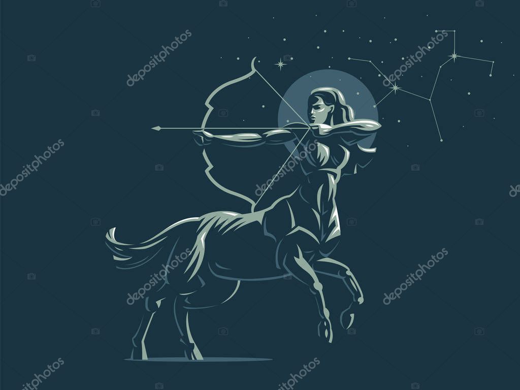 Sign of the zodiac Sagittarius. The constellation of Sagittarius. The centaur shoots a bow. Vector illustration.