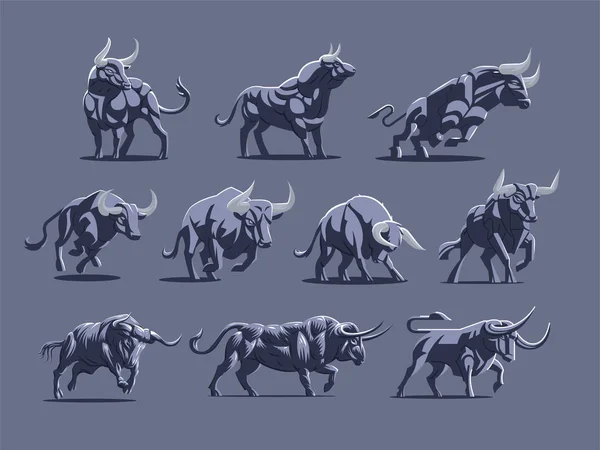 Conjunto de toros y búfalos en diferentes poses . — Vector de stock