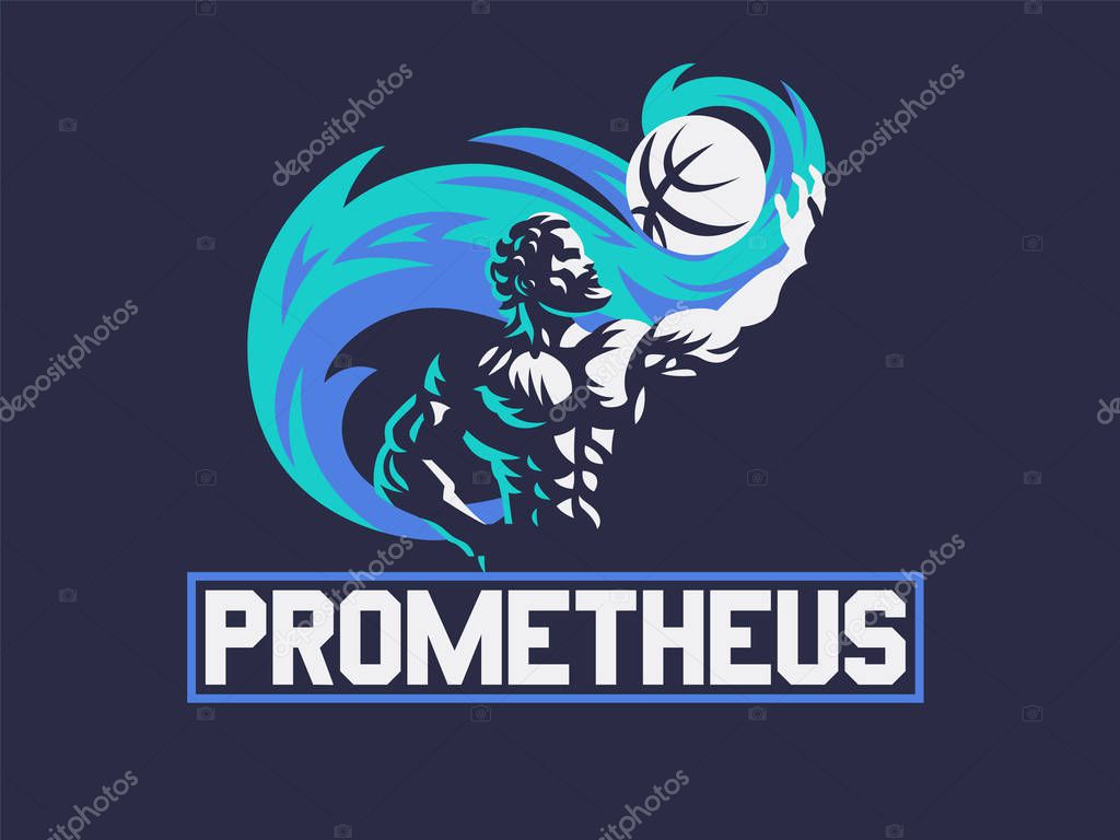 Prometheus and a sports ball. Sports emblem. Vector illustration