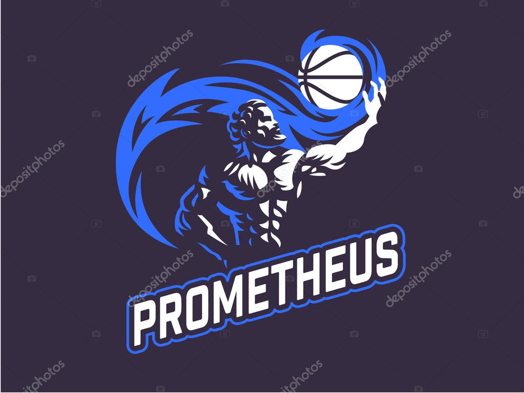 Prometheus and a sports ball. Sports emblem. Vector illustration