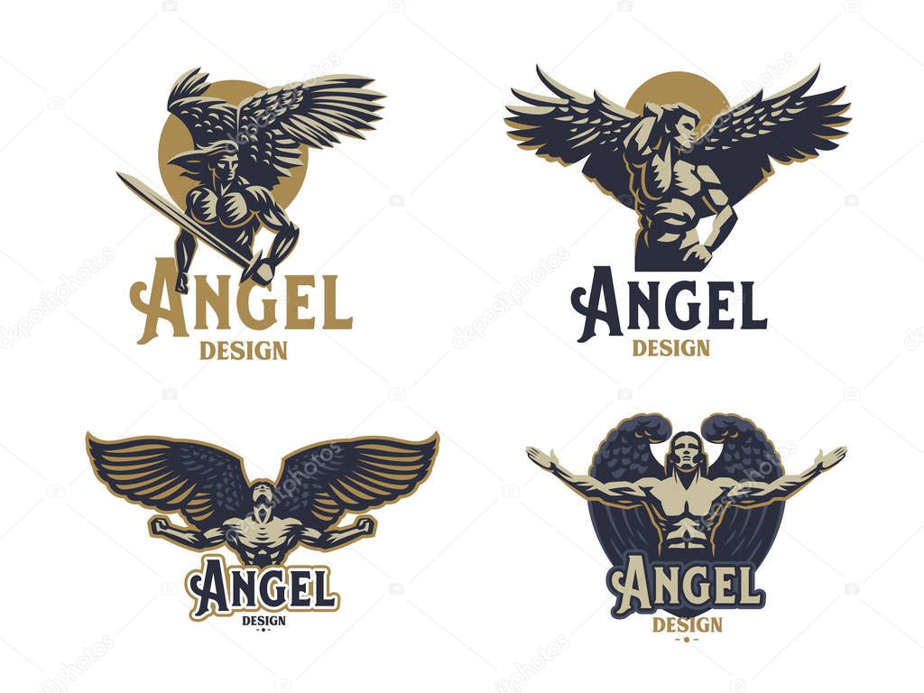 Angel man. Wings. Logo. Set of vector emblems.