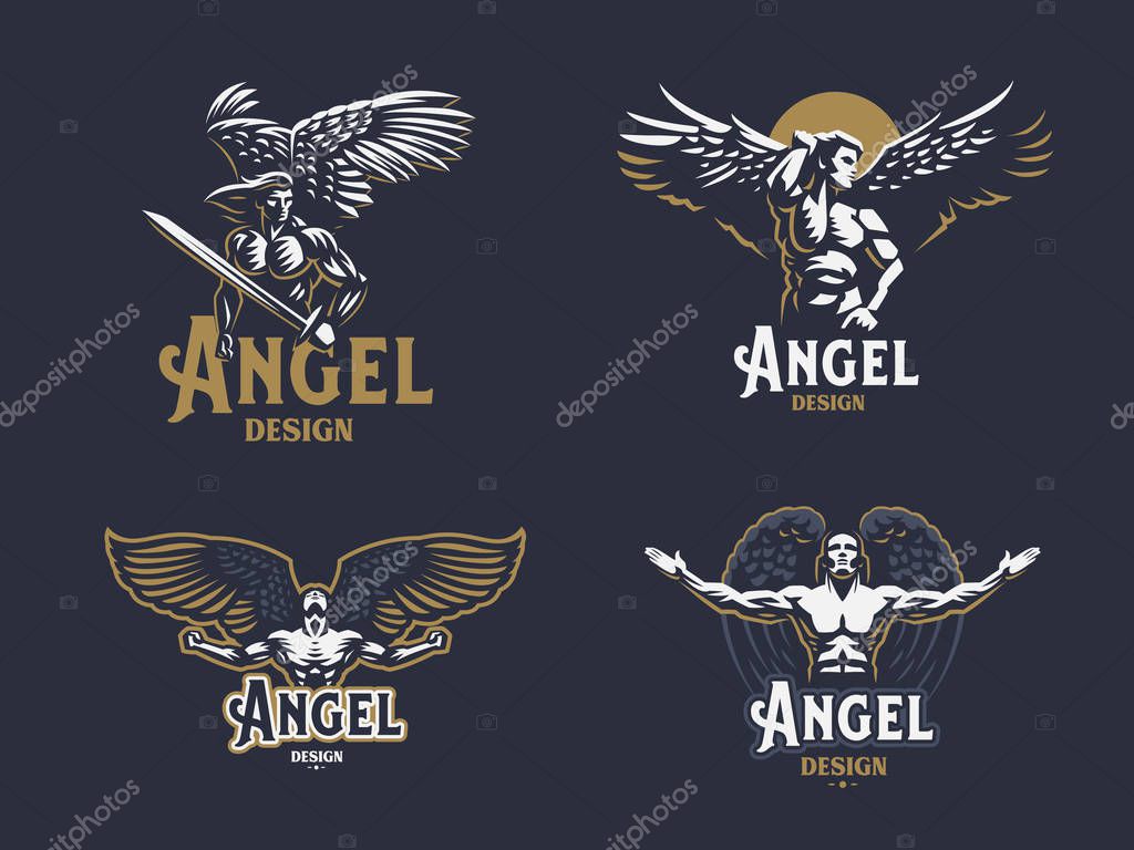 Angel man. Wings. Logo. Set of vector emblems.