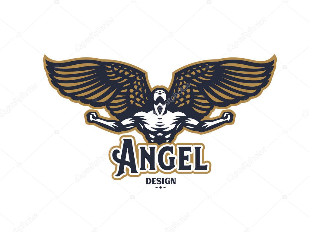 Angel man with Wings. Logo. Vector emblem.