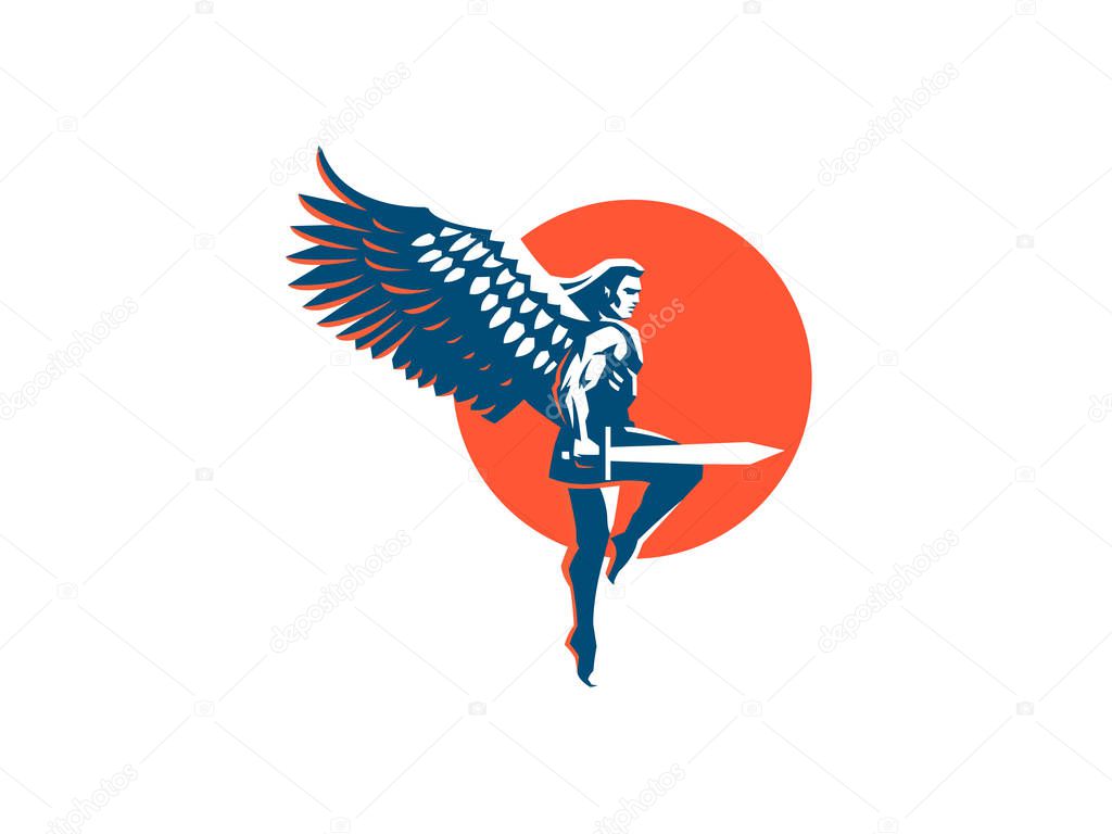 Angel man with Wings. Logo. Vector emblem.