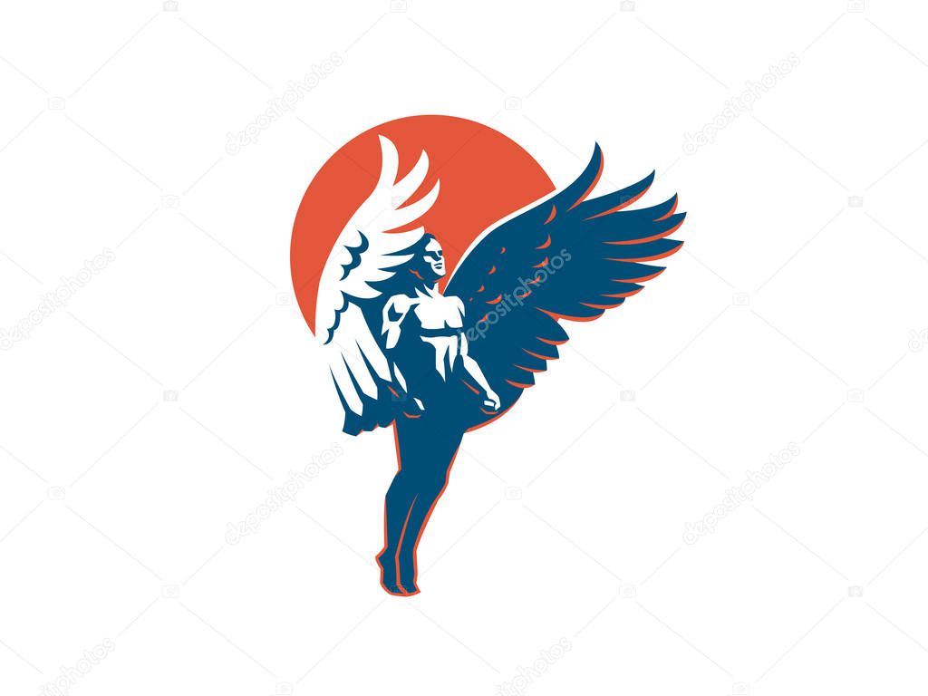 Angel man with Wings. Logo. Vector emblem.