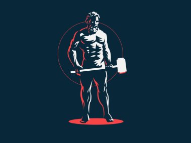 God Hephaestus holds a hammer in his hands.  clipart