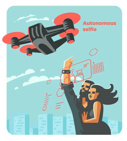 Man en vrouw doen selfie met drone. Vectorillustratie. — Stockvector