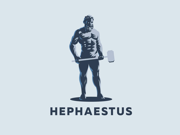 God Hephaestus holds a hammer in his hands. 