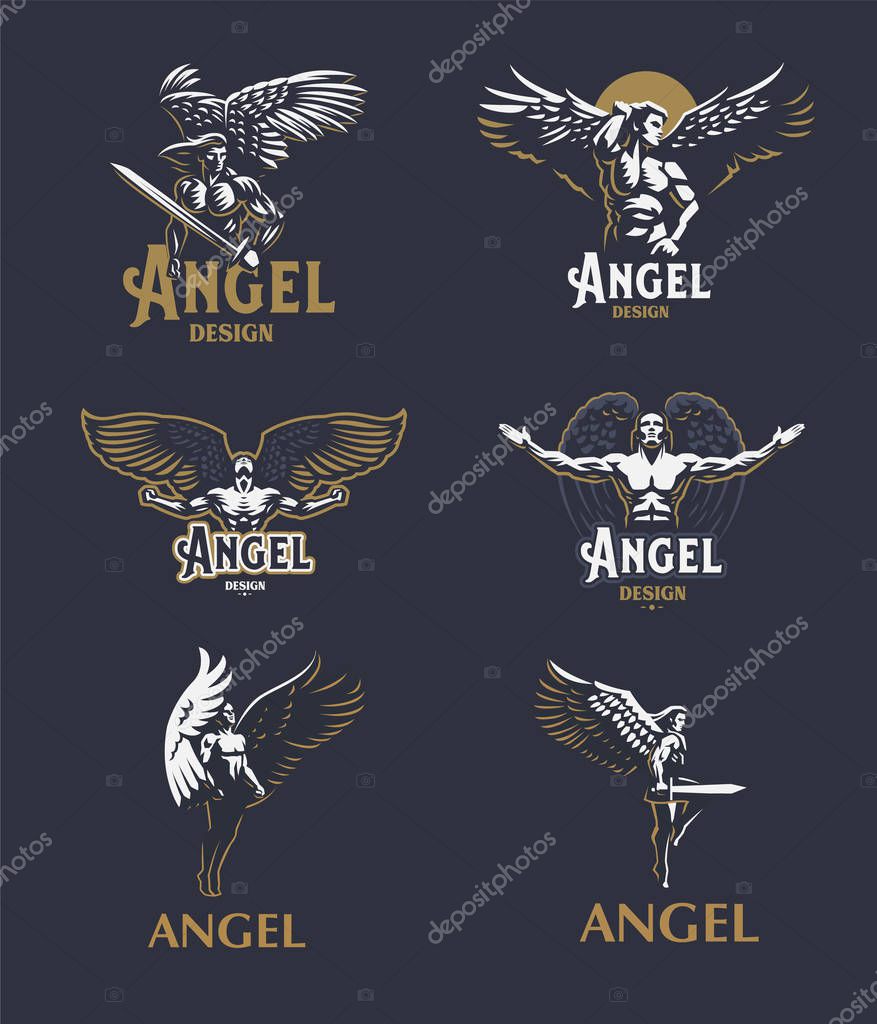 Angel man with Wings. Logo. Vector emblem.