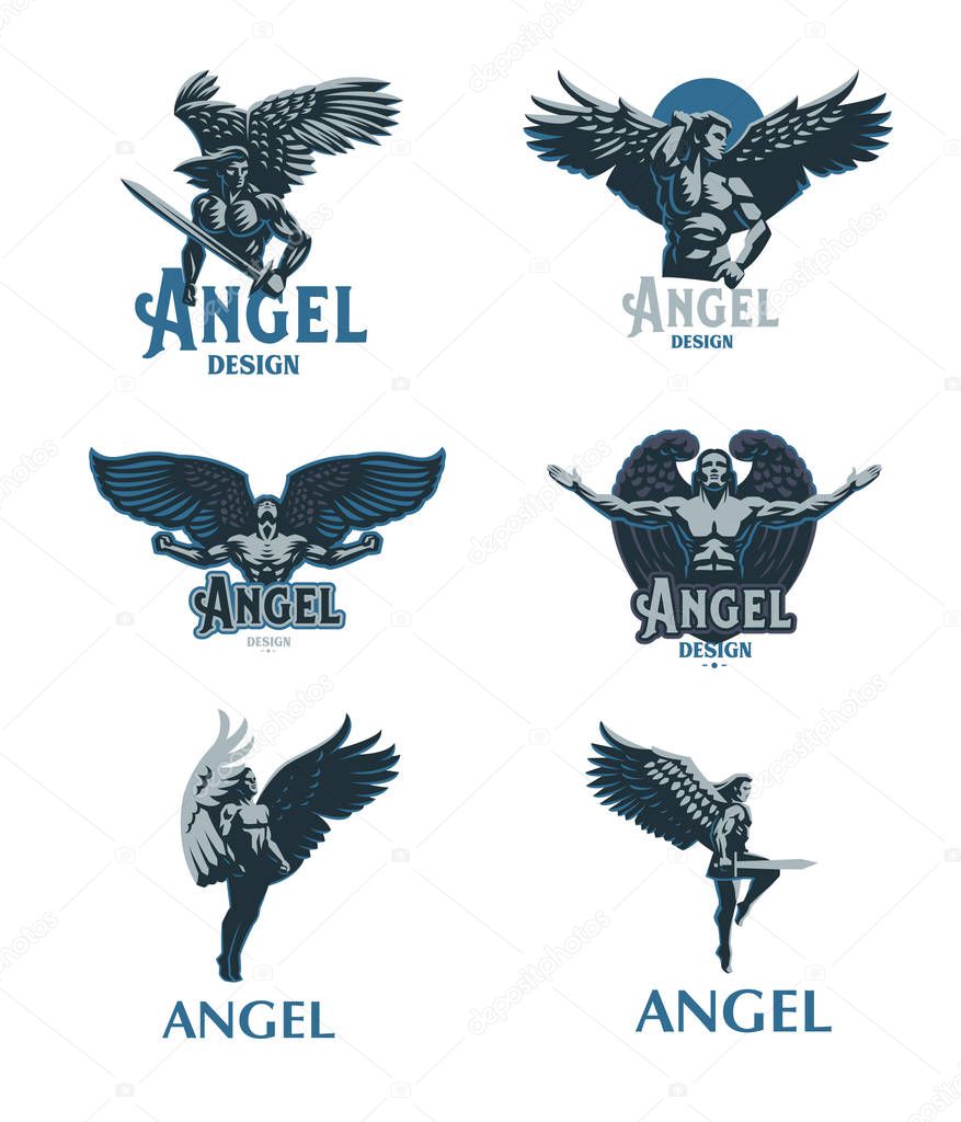 Angel man with Wings. Logo. Vector emblem.