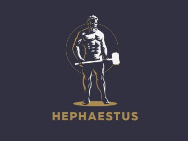 God Hephaestus holds a hammer in his hands.  clipart
