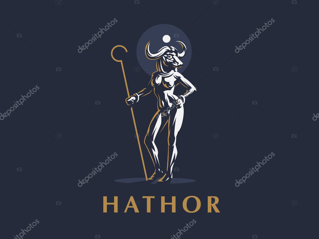 Egyptian goddess Hathor.  Woman. Bull. Logo. Vector illustration.
