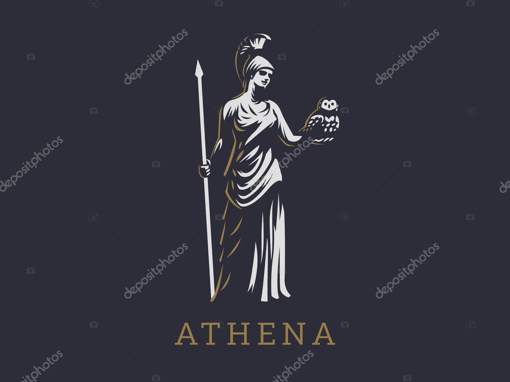 The goddess Athena holds an owl and a spear in her hand.