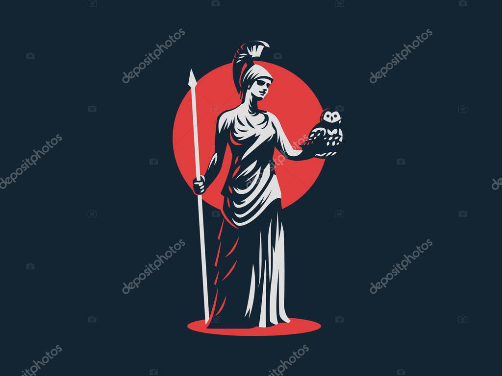 The goddess Athena holds an owl and a spear in her hand.