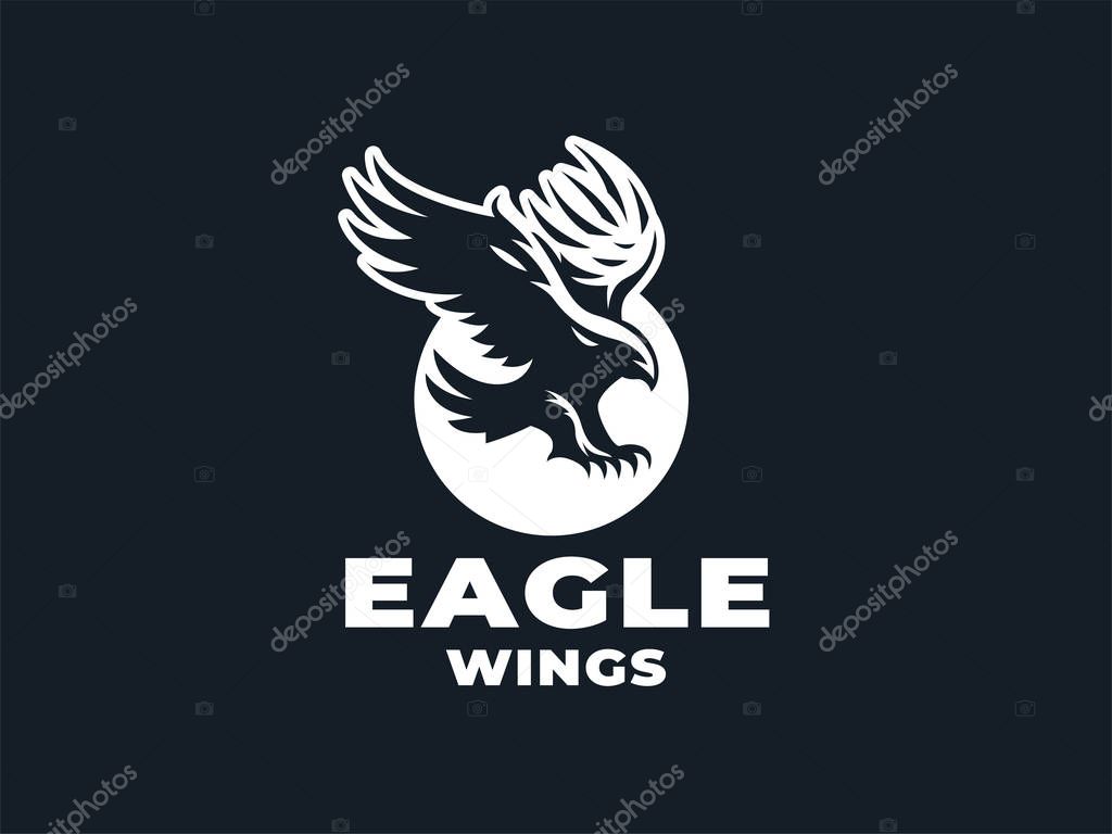 Bird of prey, eagle or hawk with outstretched wings and sun. Vector illustration.