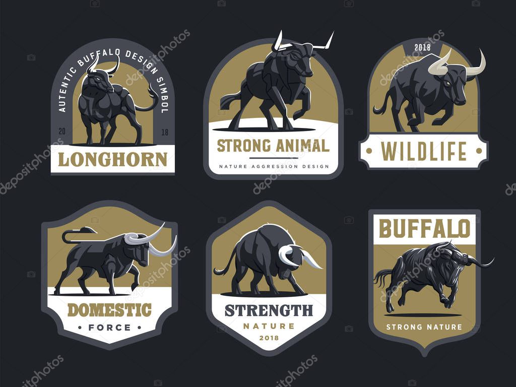 Set of bulls and buffalo in different poses. Vector illustration. Badges.