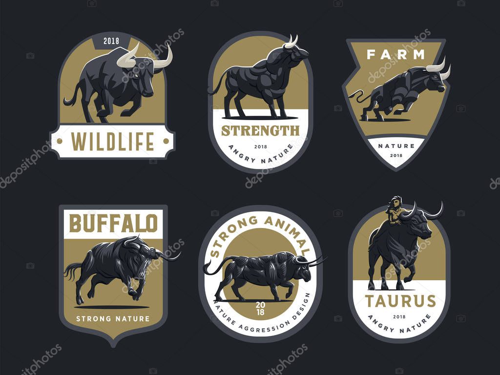 Set of bulls and buffalo in different poses. Vector illustration. Badges.