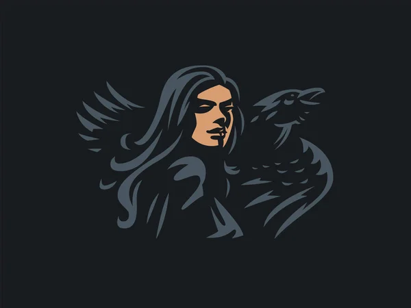 Mujer bruja con un cuervo . — Vector de stock