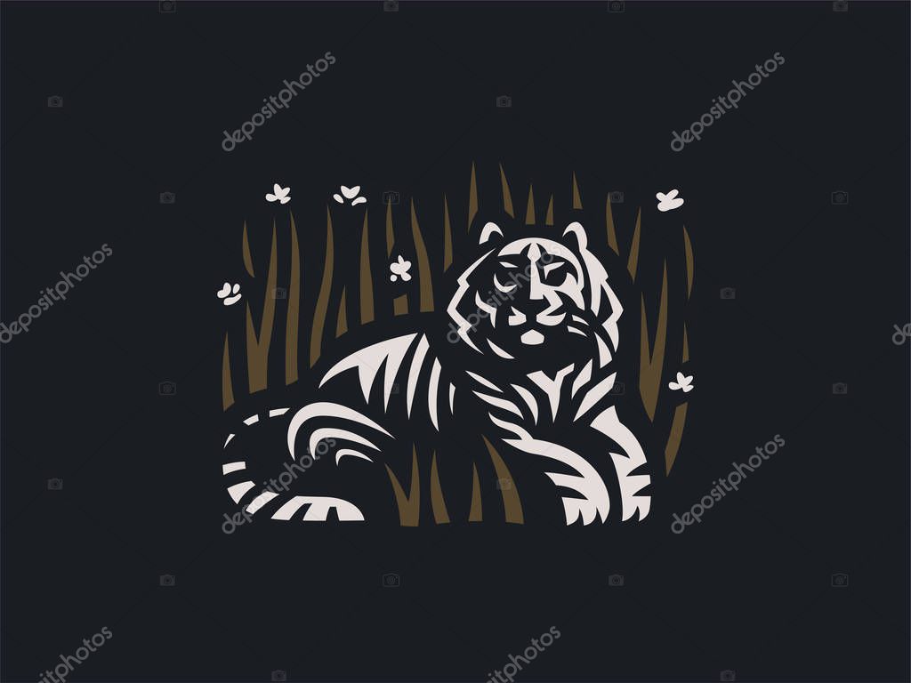 Tiger lies in the grass and flowers. Vector illustration.