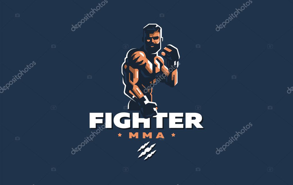 A male athlete in sport gloves with a bare-chested body stands in a fighting stance. Vector illustration.