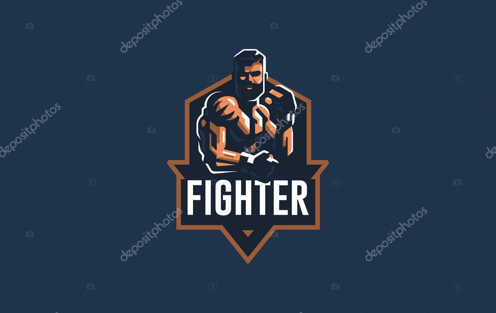 A male athlete in sport gloves with a bare-chested body stands in a fighting stance. Vector illustration.