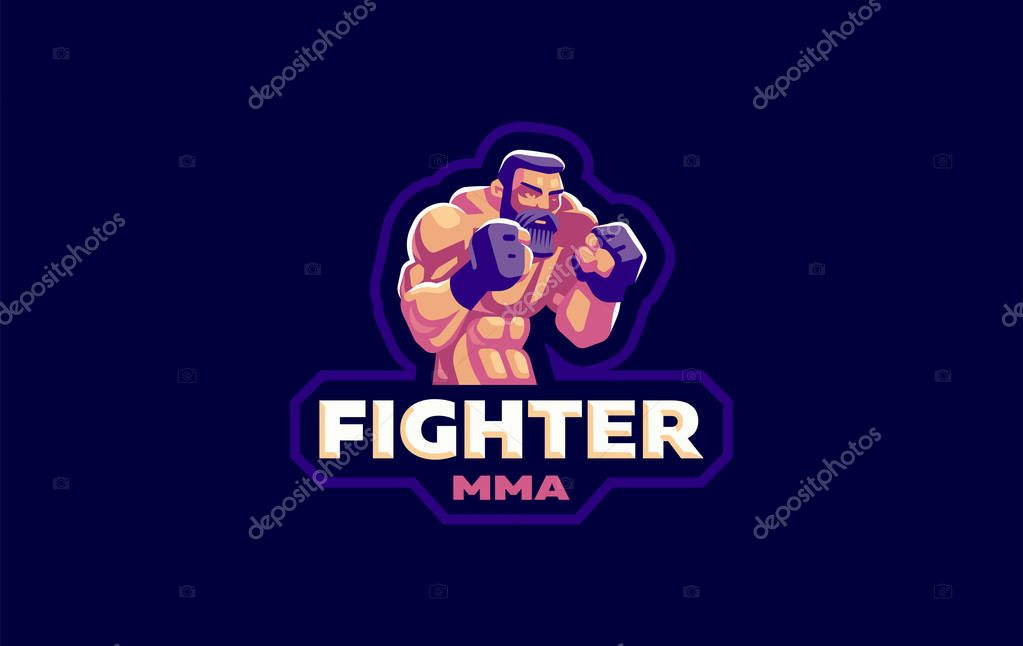 A male athlete in sport gloves with a bare-chested body stands in a fighting stance. Vector illustration.