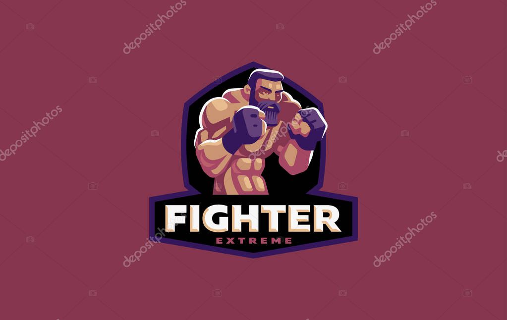 A male athlete in sport gloves with a bare-chested body stands in a fighting stance. Vector illustration.