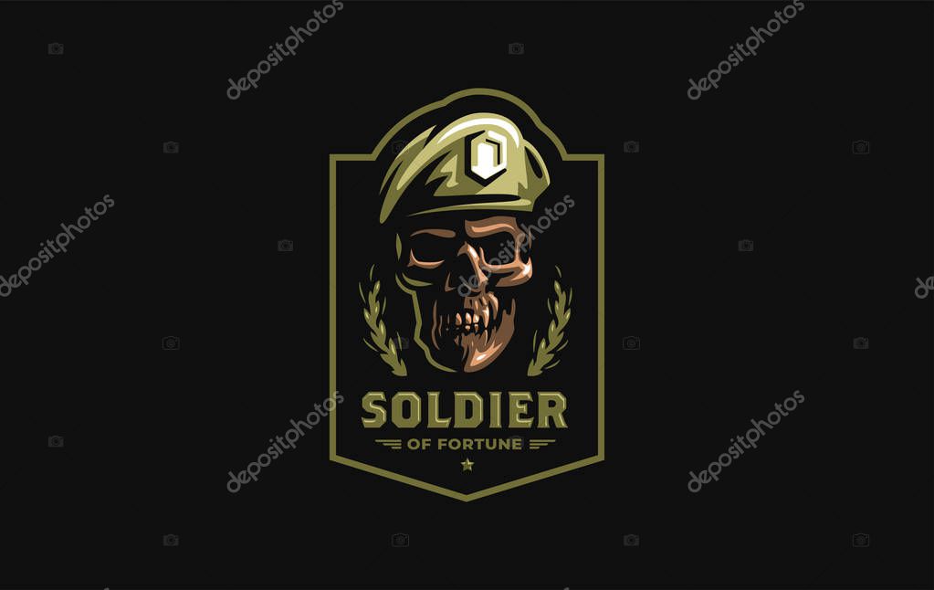 Human skull in a military beret with a cockade. Vector illustration.