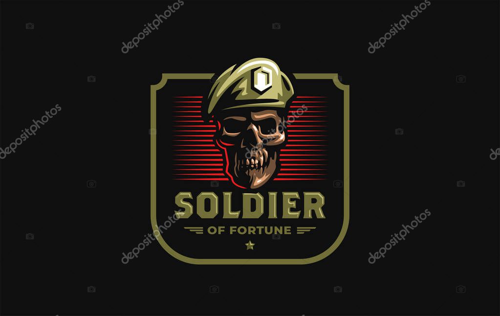 Human skull in a military beret with a cockade. Vector illustration.
