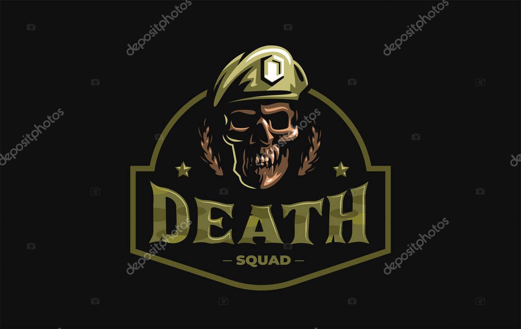 Human skull in a military beret with a cockade. Vector illustration.