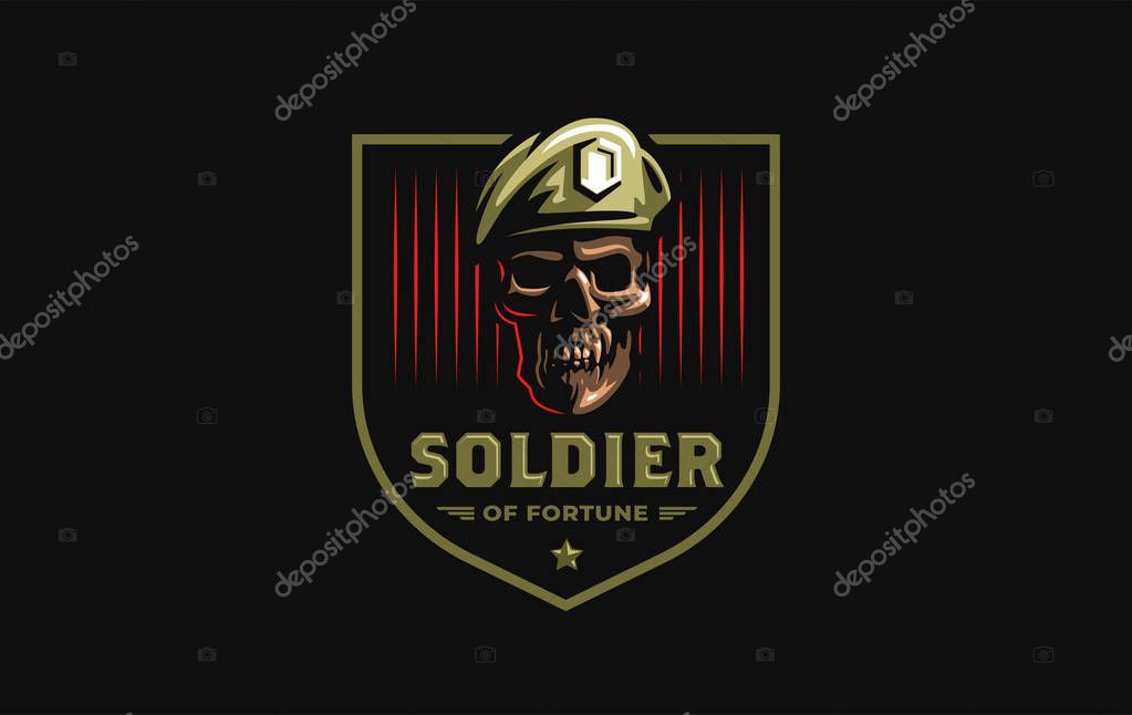 Human skull in a military beret with a cockade. Vector illustration.