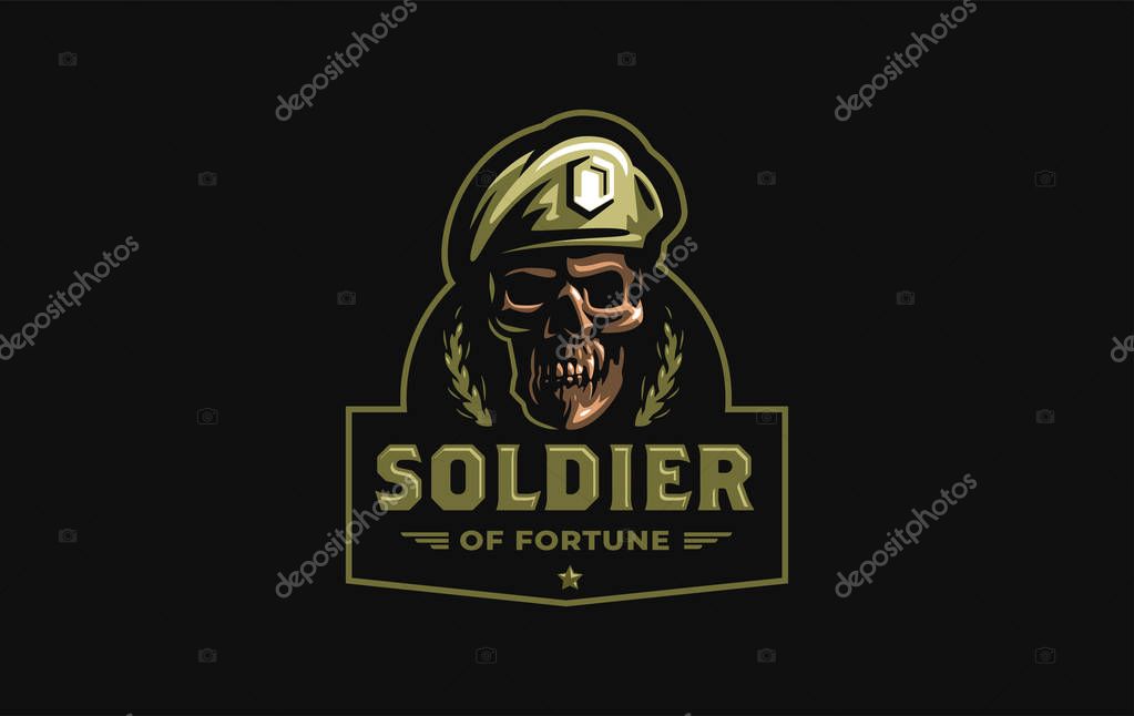 Human skull in a military beret with a cockade. Vector illustration.