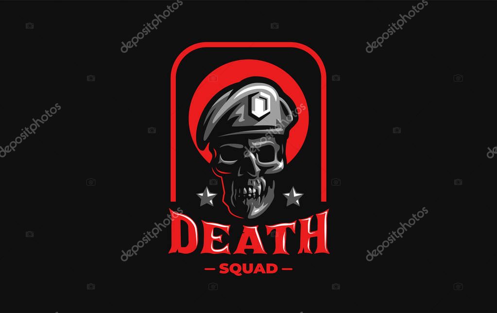 Human skull in a military beret with a cockade. Vector illustration.