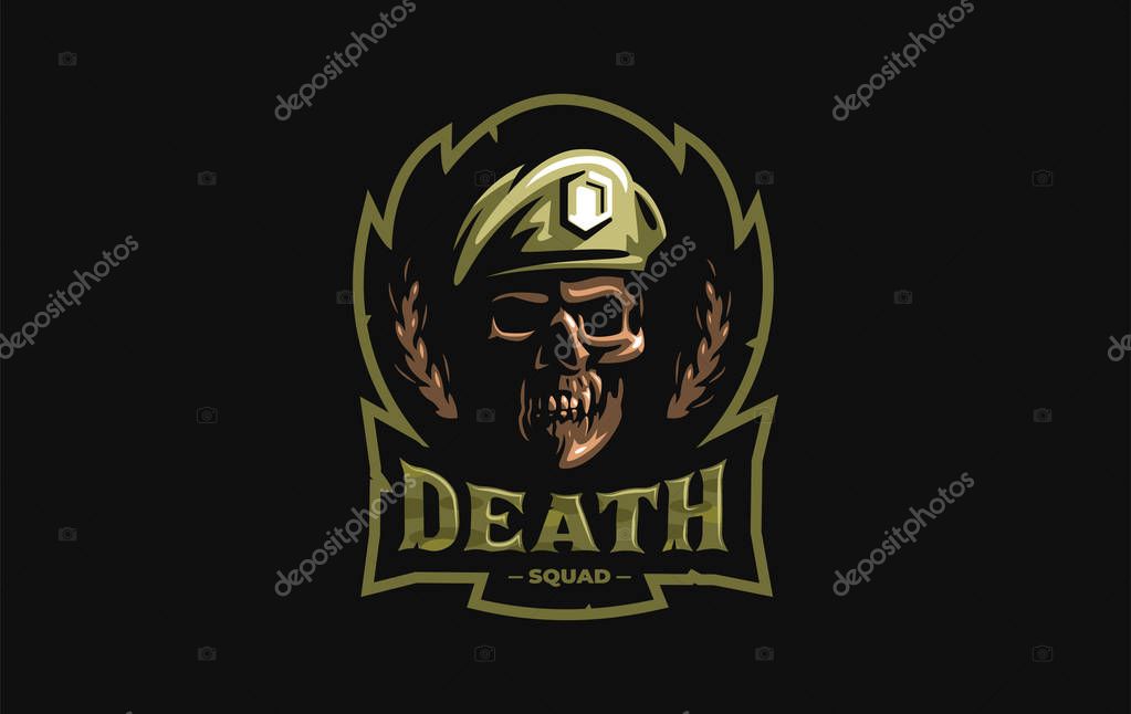 Human skull in a military beret with a cockade. Vector illustration.