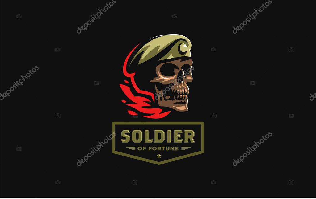 Human skull in a military beret with a cockade. Vector illustration.
