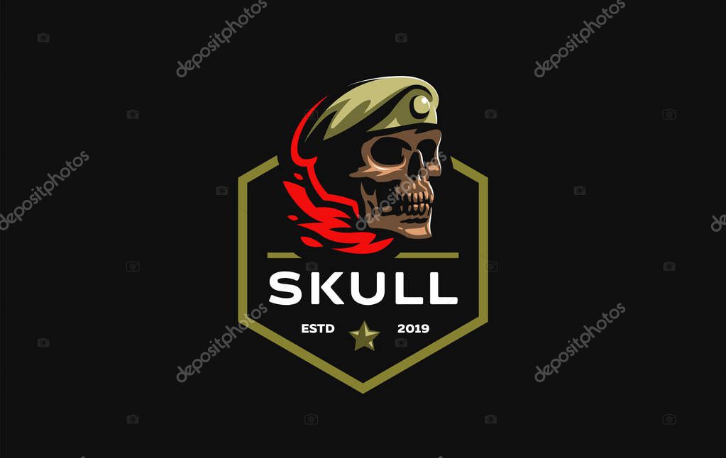 Human skull in a military beret with a cockade. Vector illustration.