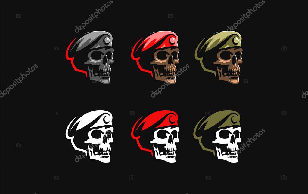 Human skull in a military beret with a cockade. Vector illustration.