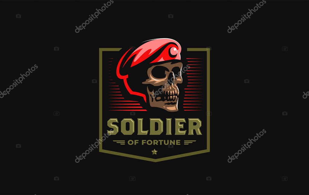 Human skull in a military beret with a cockade. Vector illustration.