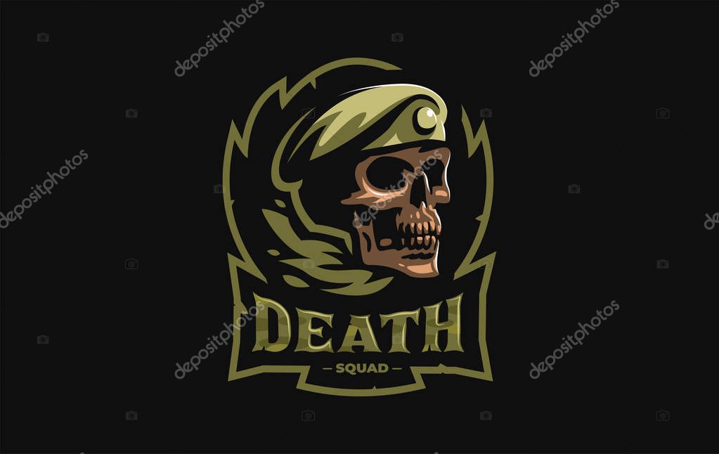Human skull in a military beret with a cockade. Vector illustration.