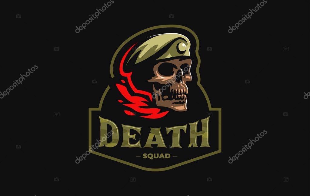 Human skull in a military beret with a cockade. Vector illustration.