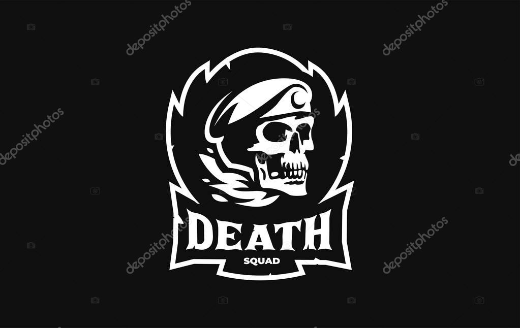 Human skull in a military beret with a cockade. Vector illustration.
