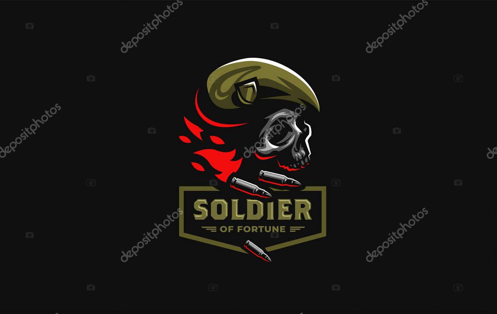 Human skull in a military beret with a cockade, flame and bullets. Vector illustration.