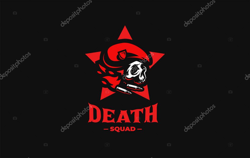 Human skull in a military beret with a cockade, flame and bullets. Vector illustration.