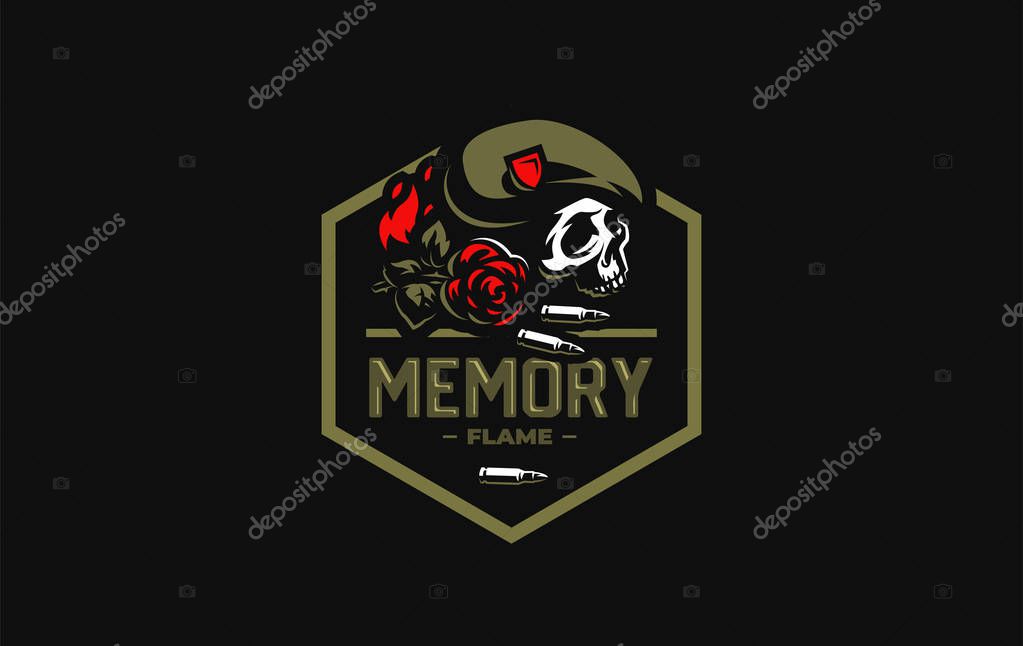 Human skull in a military beret with a cockade, flame, bullets and flower . Vector illustration.