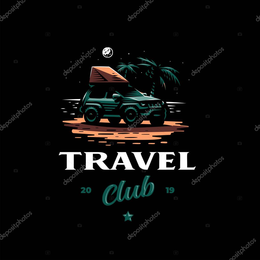 Off-road car stands on the night beach. Tent on the roof. The moon is shining, near palm trees.