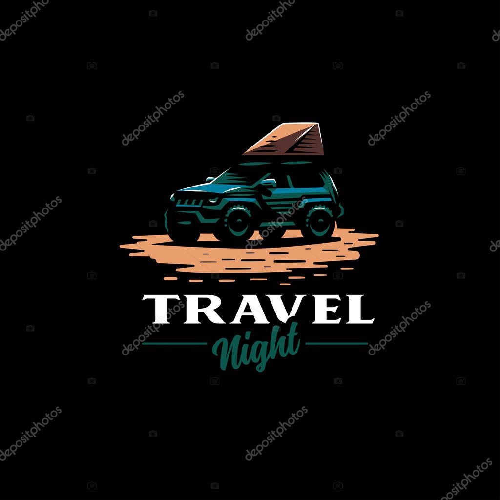 Off-road car stands on the night beach. Tent on the roof. The moon is shining, near palm trees.