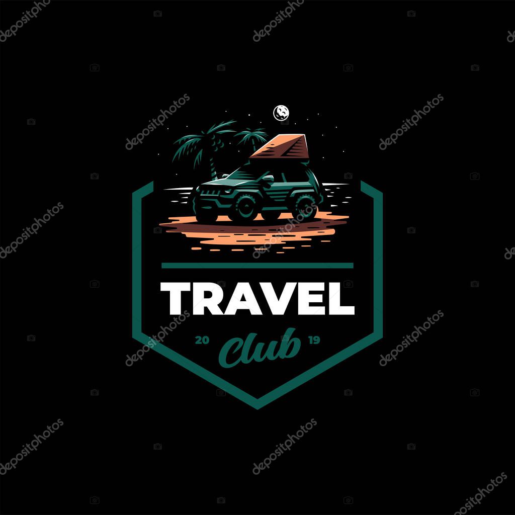 Off-road car stands on the night beach. Tent on the roof. The moon is shining, near palm trees.