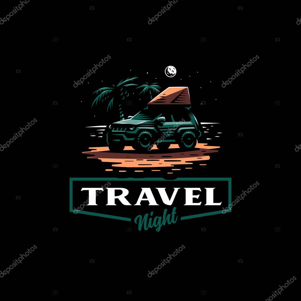 Off-road car stands on the night beach. Tent on the roof. The moon is shining, near palm trees.