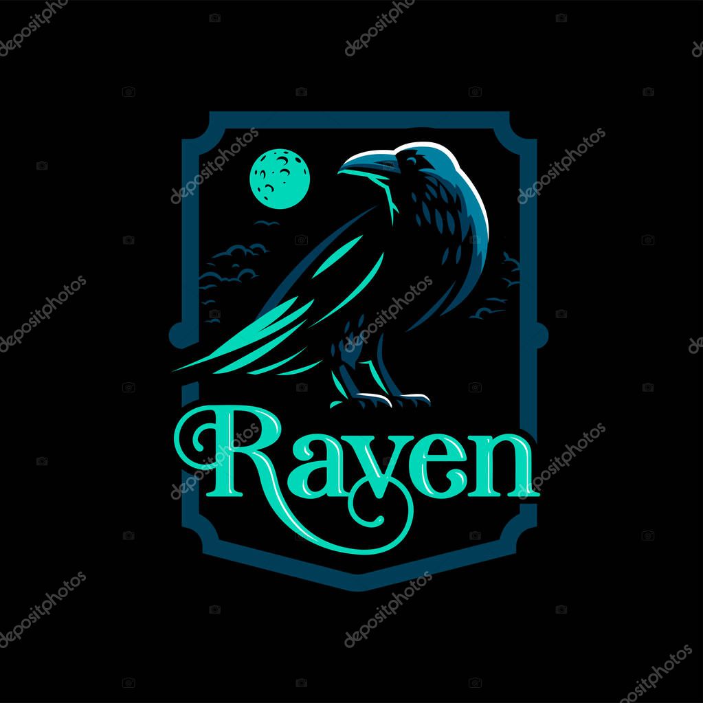 A raven is standing with its wings folded. Vector illustration.