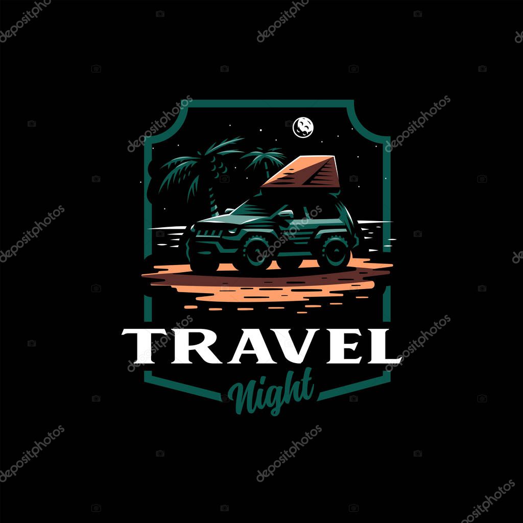 Off-road car stands on the night beach. Tent on the roof. The moon is shining, near palm trees.